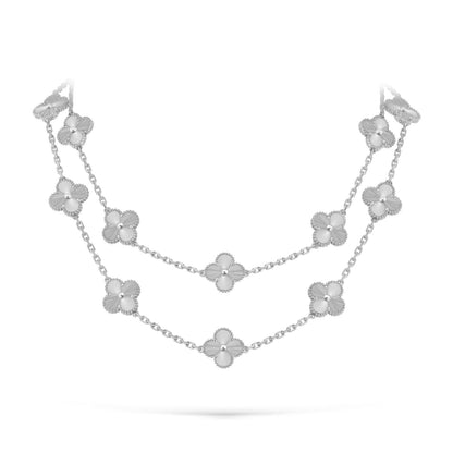 [Elara]CLASSIC 20-MOTIF LUCKY CLOVER LONG NECKLACE WHITE GOLD COLLECTION