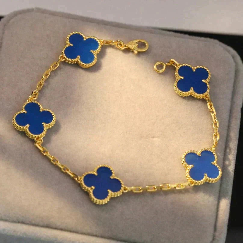[Elara]LUCKY CLOVER 5-MOTIF BRACELET - BLUE AGATE COLLECTION