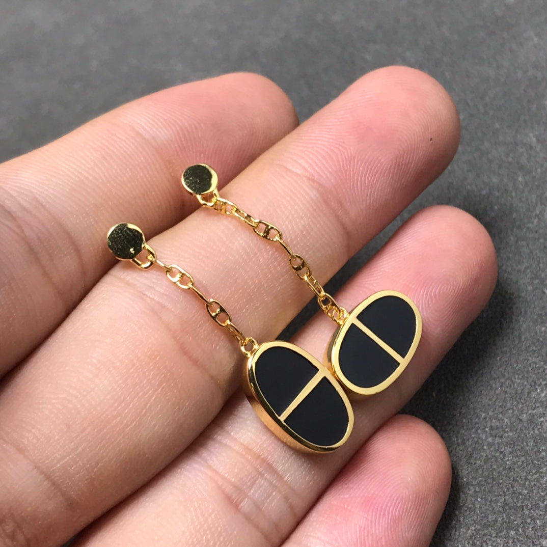 [Elara]CHAINE VERSO BLACK CERAMIC SILVER EARRINGS