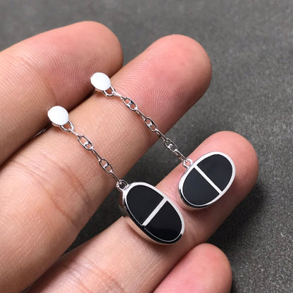 [Elara]CHAINE VERSO BLACK CERAMIC SILVER EARRINGS
