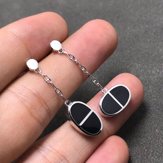 [Elara]CHAINE VERSO BLACK CERAMIC SILVER EARRINGS