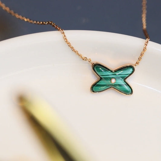 [Elara]JEUX MALACHITE 1 DIAMOND ROSE GOLD NECKLACE