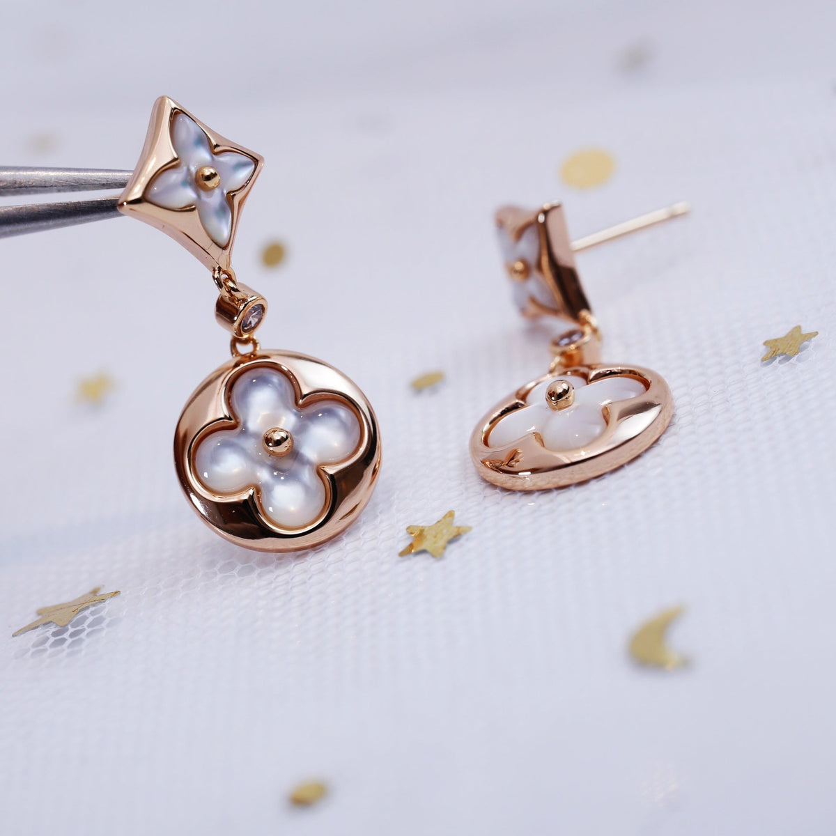 [Elara]STAR AND SUN ROSE GOLD MOP DROP EARRINGS