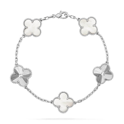 [Elara]LUCKY CLOVER 5-MOTIF-ARMBAND - WEISSE PERLMUTTKOLLEKTION