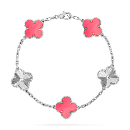 [Elara]LUCKY CLOVER 5-MOTIF BRACELET - ROSAFARBENDE PERLMUTT-KOLLEKTION