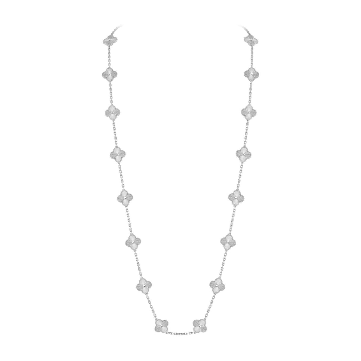 [Elara]CLASSIC 20-MOTIF LUCKY CLOVER LONG NECKLACE WHITE GOLD COLLECTION