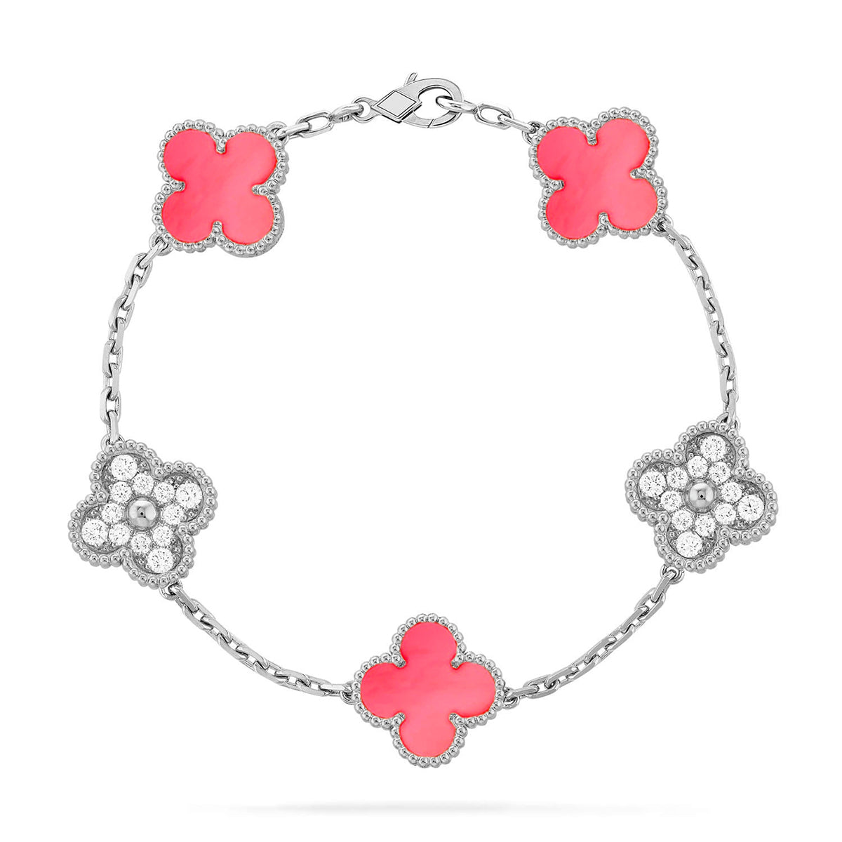 [Elara]LUCKY CLOVER 5-MOTIF BRACELET - ROSAFARBENDE PERLMUTT-KOLLEKTION