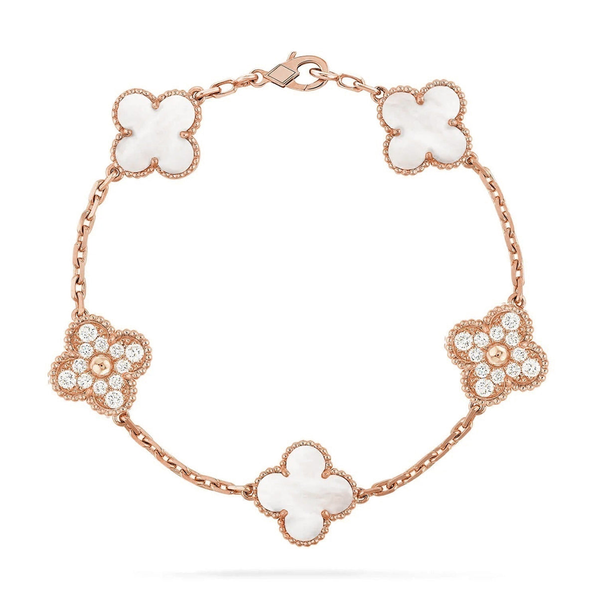 [Elara]LUCKY CLOVER 5-MOTIF-ARMBAND - WEISSE PERLMUTTKOLLEKTION
