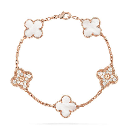 [Elara]LUCKY CLOVER 5-MOTIF-ARMBAND - WEISSE PERLMUTTKOLLEKTION