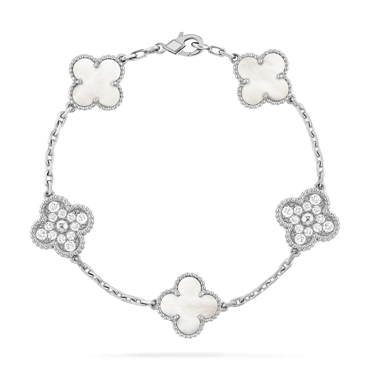 [Elara]LUCKY CLOVER 5-MOTIF-ARMBAND - WEISSE PERLMUTTKOLLEKTION