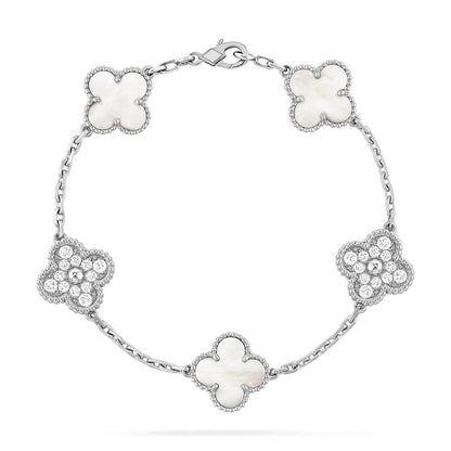 [Elara]LUCKY CLOVER 5-MOTIF-ARMBAND - WEISSE PERLMUTTKOLLEKTION