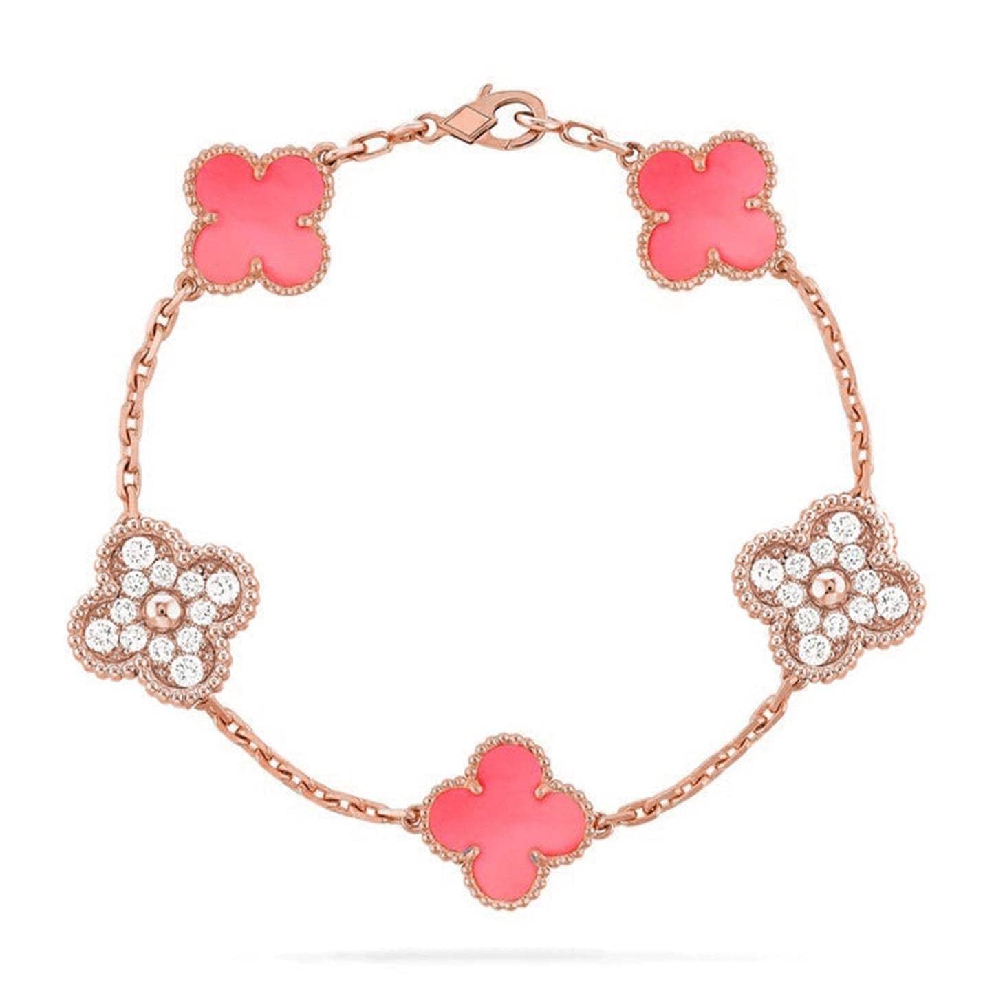 [Elara]LUCKY CLOVER 5-MOTIF BRACELET - ROSAFARBENDE PERLMUTT-KOLLEKTION