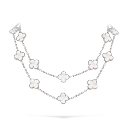 [Elara]CLASSIC 20-MOTIF LUCKY CLOVER LONG NECKLACE WHITE GOLD COLLECTION