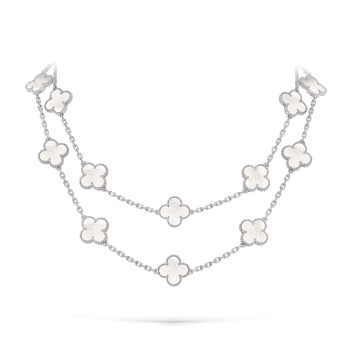 [Elara]CLASSIC 20-MOTIF LUCKY CLOVER LONG NECKLACE WHITE GOLD COLLECTION