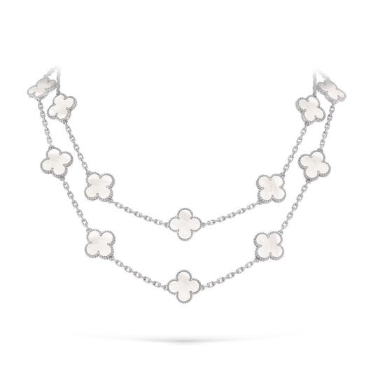 [Elara]クラシック 20モチーフ ラッキークローバー ロングネックレス ホワイトゴールドコレクション