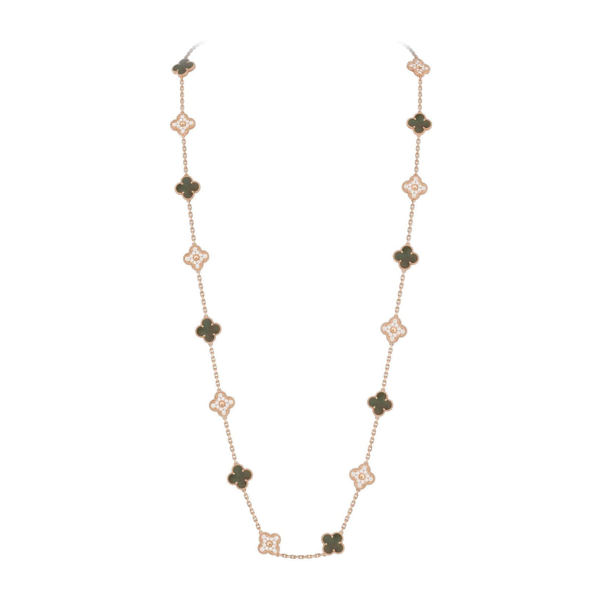 [Elara]CLASSIC 20-MOTIF LUCKY CLOVER LONG NECKLACE ROSE GOLD COLLECTION