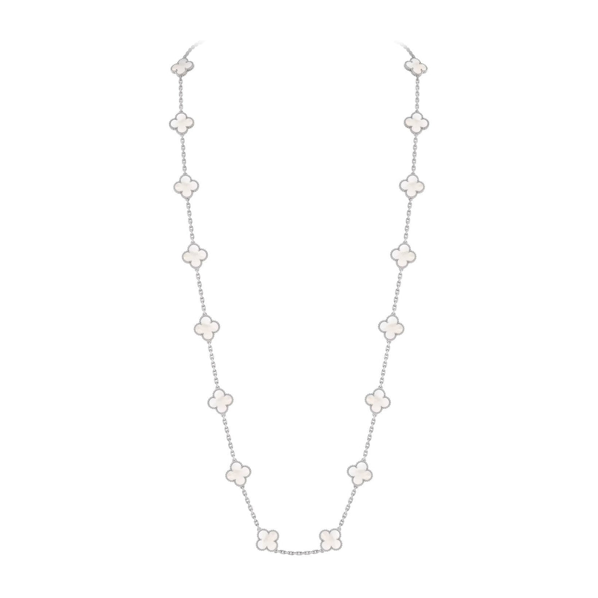 [Elara]CLASSIC 20-MOTIF LUCKY CLOVER LONG NECKLACE WHITE GOLD COLLECTION