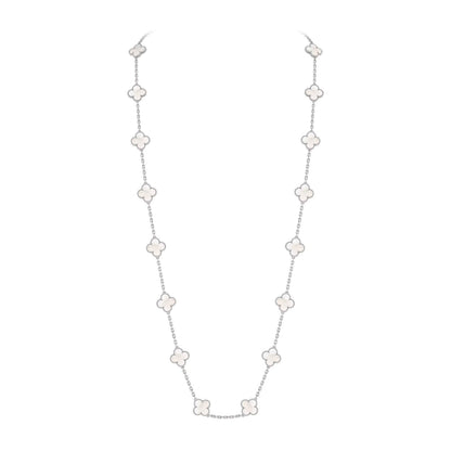 [Elara]CLASSIC 20-MOTIF LUCKY CLOVER LONG NECKLACE WHITE GOLD COLLECTION