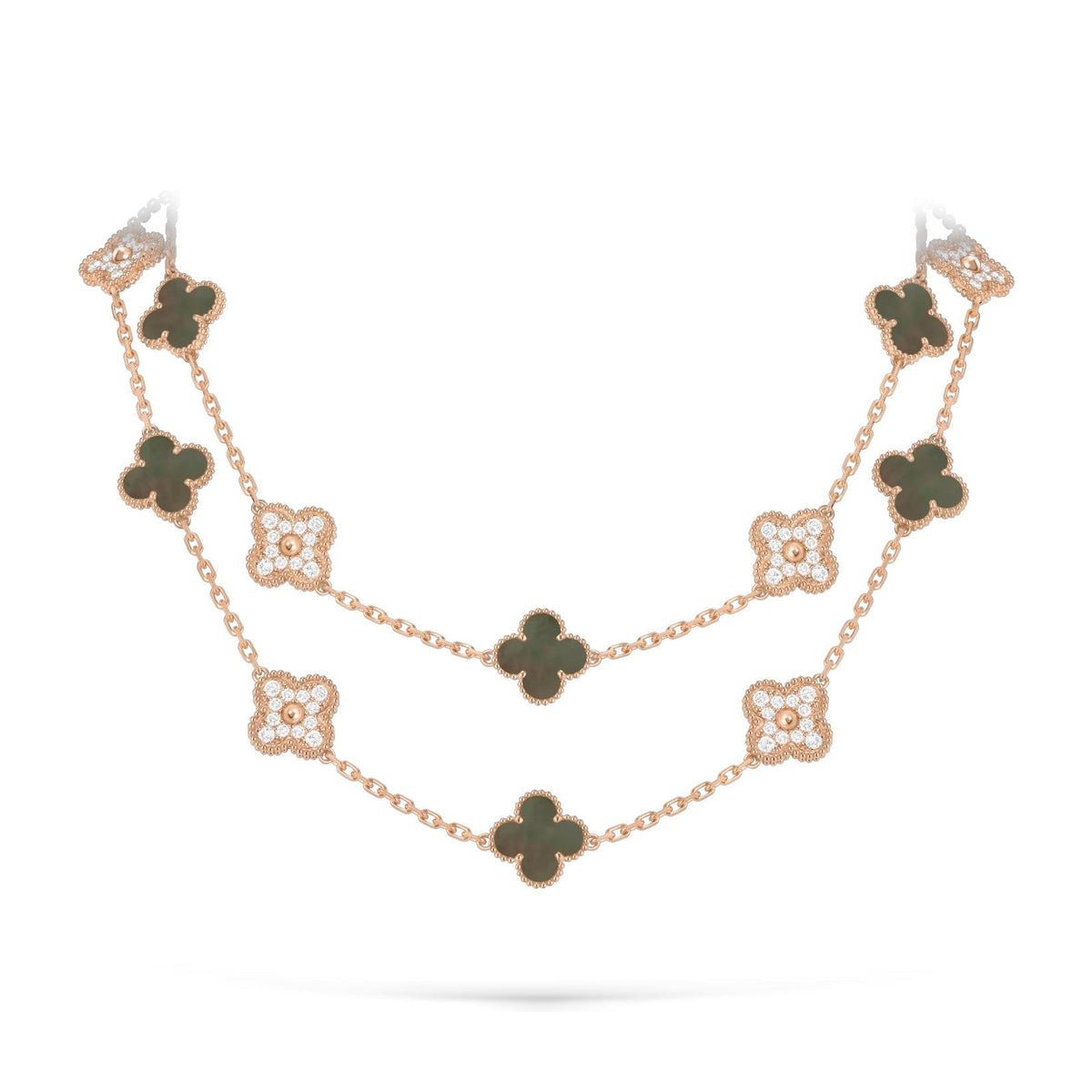 [Elara]CLASSIC 20-MOTIF LUCKY CLOVER LONG NECKLACE ROSE GOLD COLLECTION