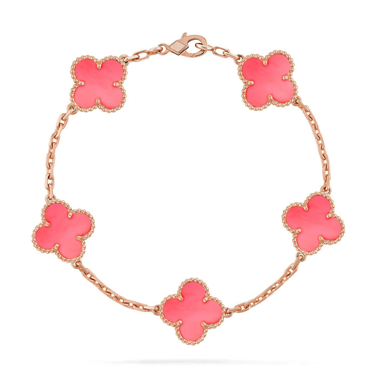 [Elara]LUCKY CLOVER 5-MOTIF BRACELET - ROSAFARBENDE PERLMUTT-KOLLEKTION