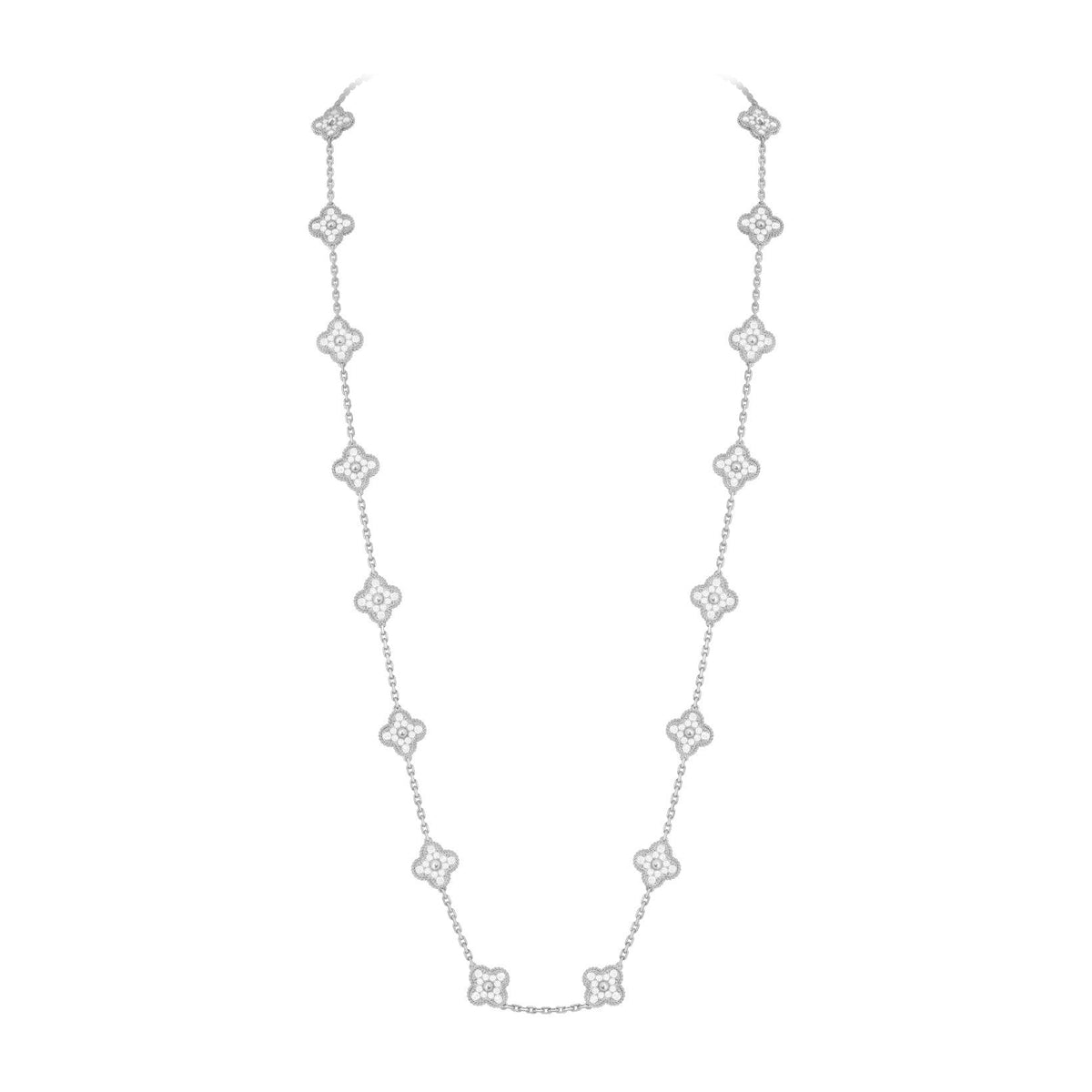 [Elara]CLASSIC 20-MOTIF LUCKY CLOVER LONG NECKLACE WHITE GOLD COLLECTION