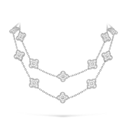 [Elara]CLASSIC 20-MOTIF LUCKY CLOVER LONG NECKLACE WHITE GOLD COLLECTION