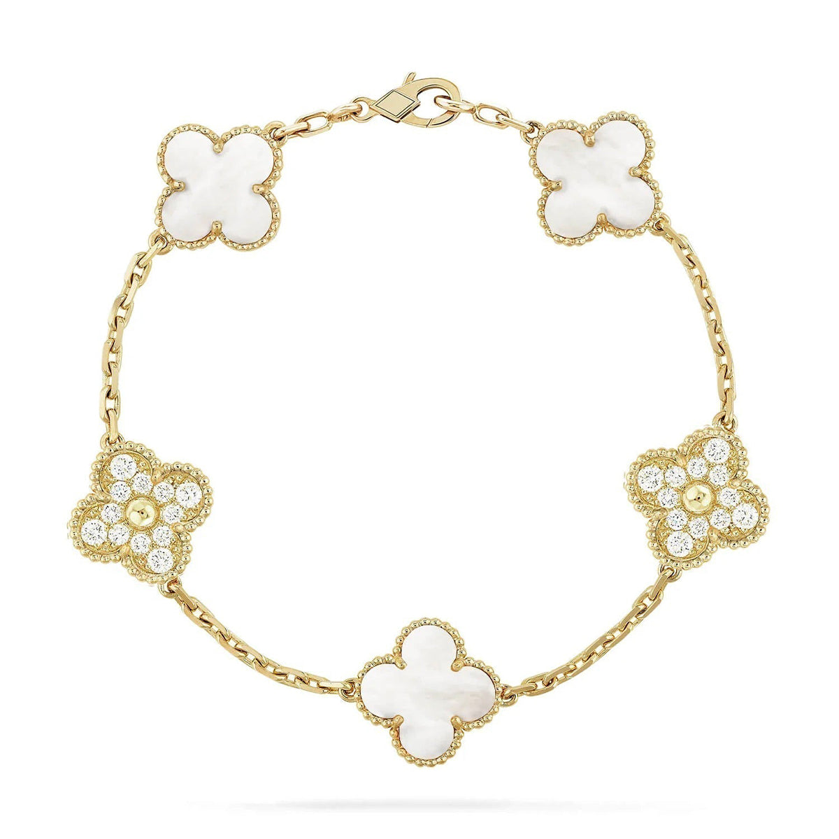 [Elara]LUCKY CLOVER 5-MOTIF-ARMBAND - WEISSE PERLMUTTKOLLEKTION