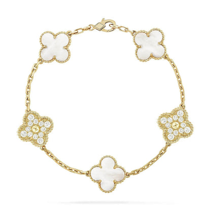 [Elara]LUCKY CLOVER 5-MOTIF-ARMBAND - WEISSE PERLMUTTKOLLEKTION