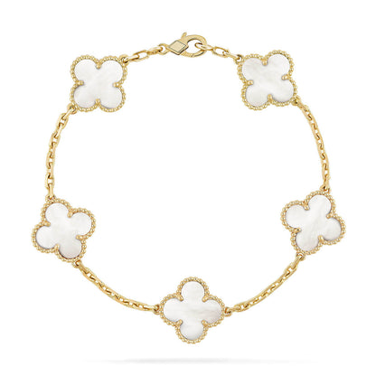 [Elara]LUCKY CLOVER 5-MOTIF-ARMBAND - WEISSE PERLMUTTKOLLEKTION