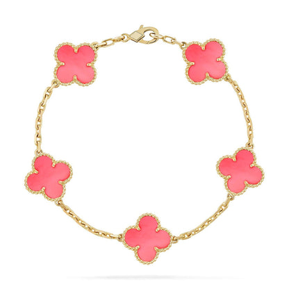 [Elara]LUCKY CLOVER 5-MOTIF BRACELET - ROSAFARBENDE PERLMUTT-KOLLEKTION