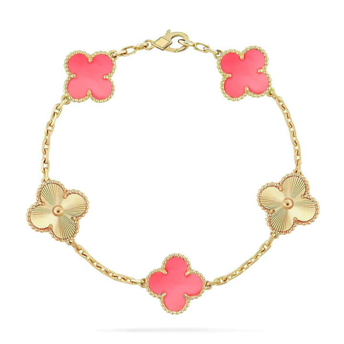 [Elara]LUCKY CLOVER 5-MOTIF BRACELET - ROSAFARBENDE PERLMUTT-KOLLEKTION