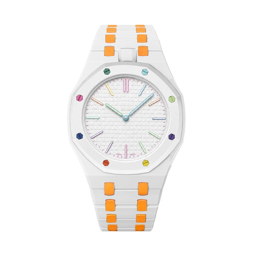 [Elara]OAK POP EXCLUSIVE WHITE AND ORANGE BIOCERAMIC STRAP
