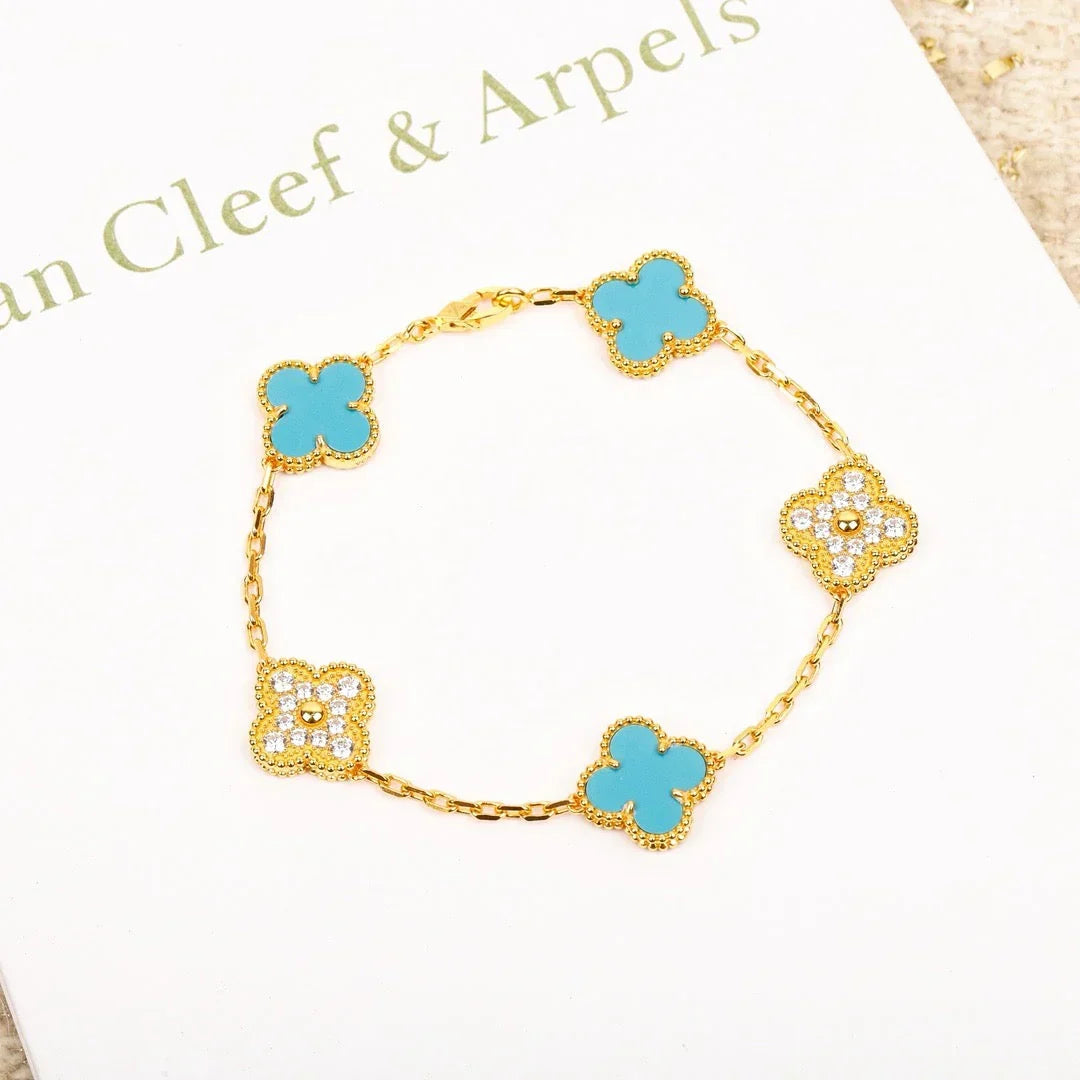 [Elara]LUCKY CLOVER 5-MOTIF BRACELET - TURQUOISE COLLECTION