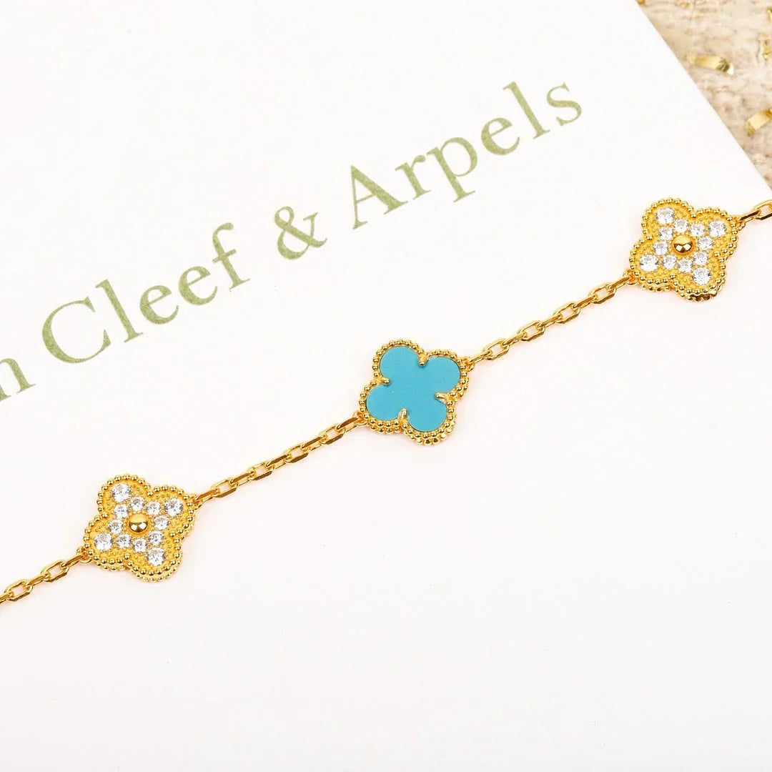 [Elara]LUCKY CLOVER 5-MOTIF BRACELET - TURQUOISE COLLECTION