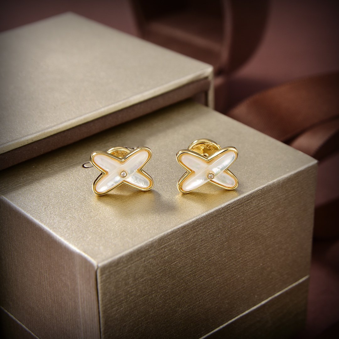 [Elara]JEUX DE WHITE MOP GOLD DIAMOND EARRINGS