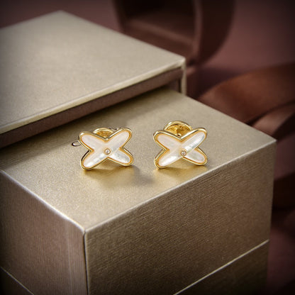[Elara]JEUX DE WHITE MOP GOLD DIAMOND EARRINGS