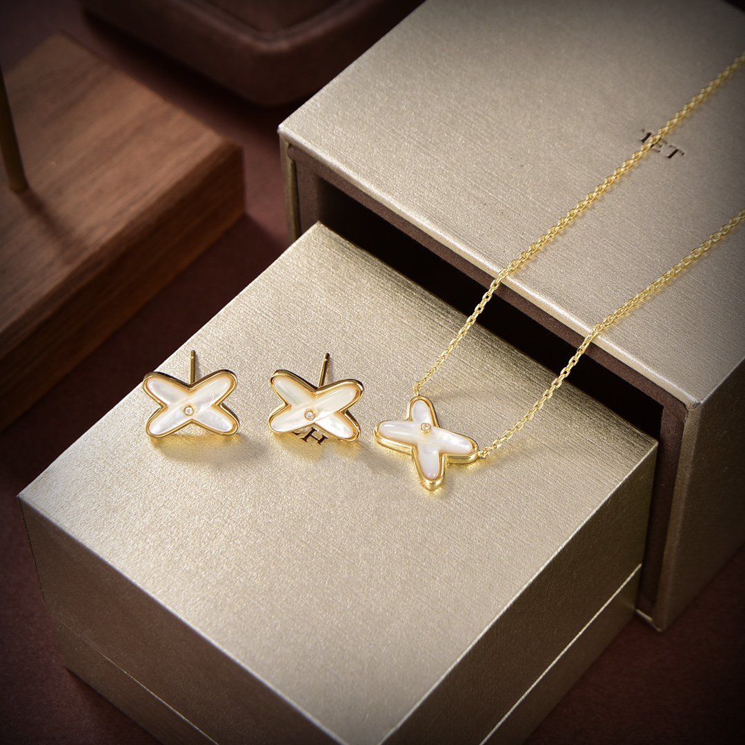 [Elara]JEUX DE WHITE MOP GOLD DIAMOND EARRINGS