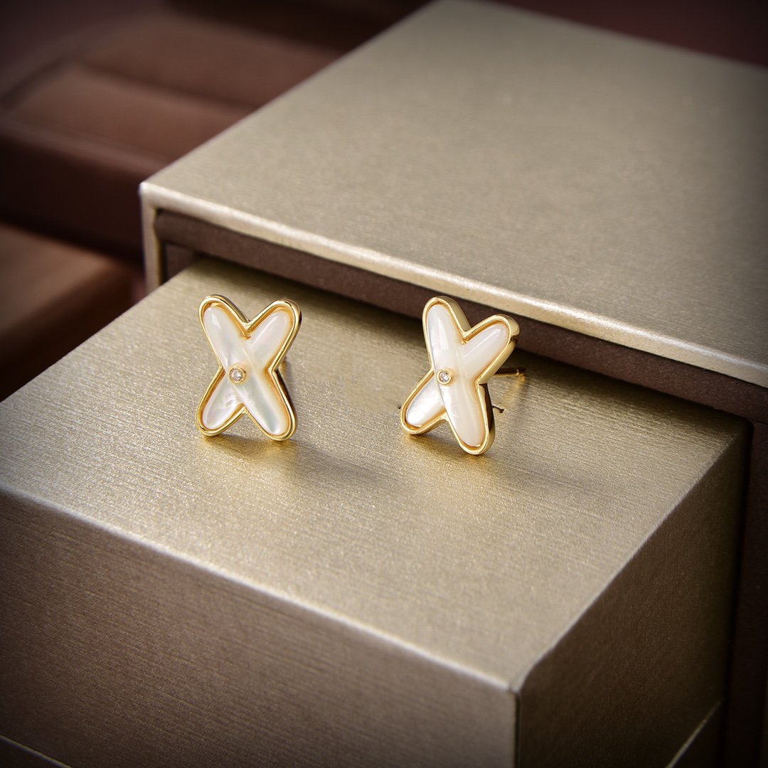 [Elara]JEUX DE WHITE MOP GOLD DIAMOND EARRINGS