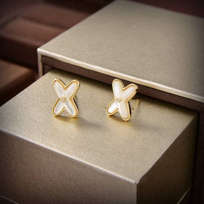 [Elara]JEUX DE WHITE MOP GOLD DIAMOND EARRINGS