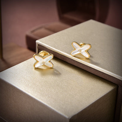 [Elara]JEUX DE WHITE MOP GOLD DIAMOND EARRINGS