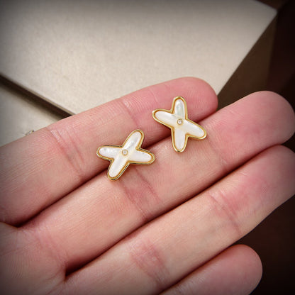 [Elara]JEUX DE WHITE MOP GOLD DIAMOND EARRINGS