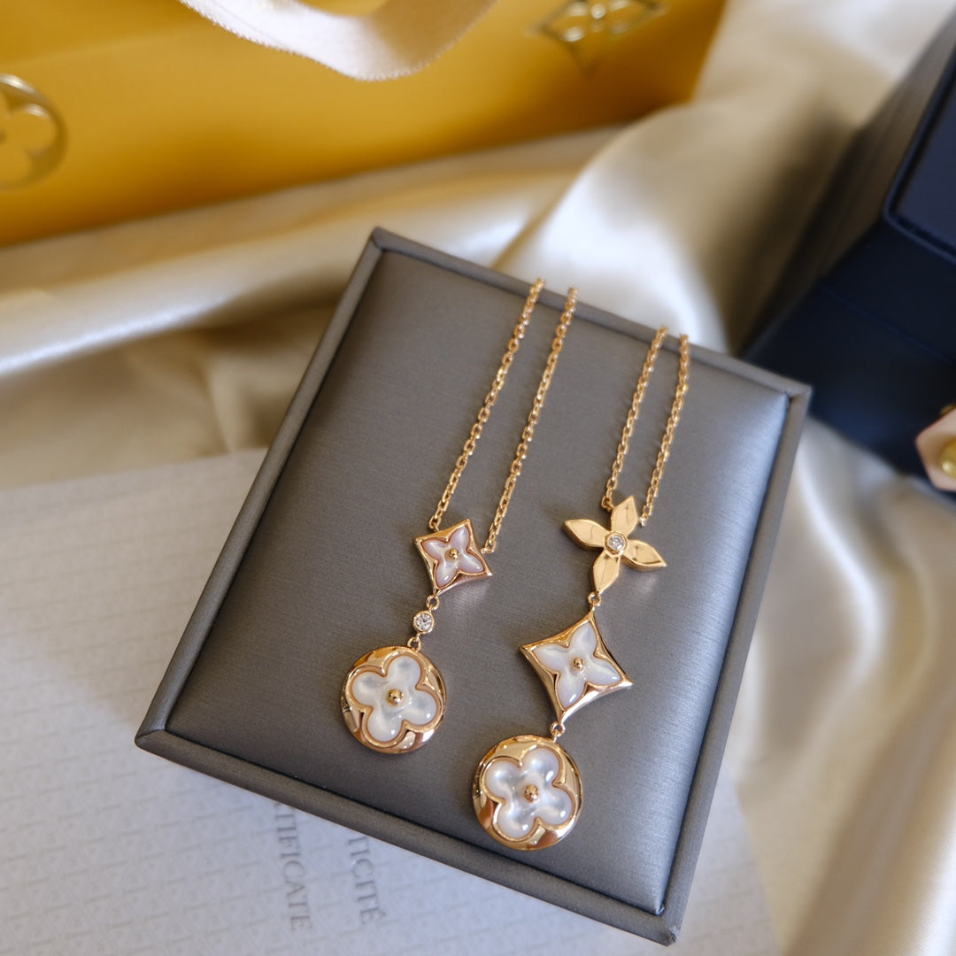[Elara]COLOR BLOSSOM LARIAT NECKLACE ROSE GOLD WHITE MOTHER PEARL AND DIAMOND