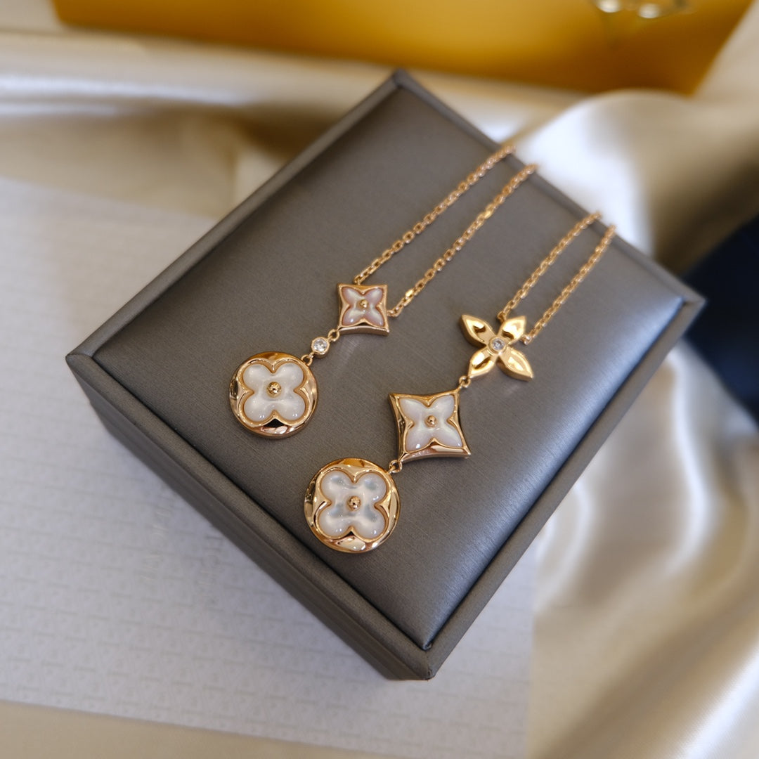 [Elara]COLOR BLOSSOM LARIAT NECKLACE ROSE GOLD WHITE MOTHER PEARL AND DIAMOND