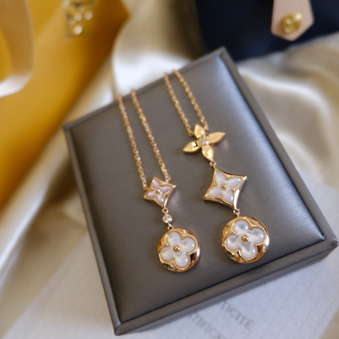 [Elara]COLOR BLOSSOM LARIAT NECKLACE ROSE GOLD WHITE MOTHER PEARL AND DIAMOND