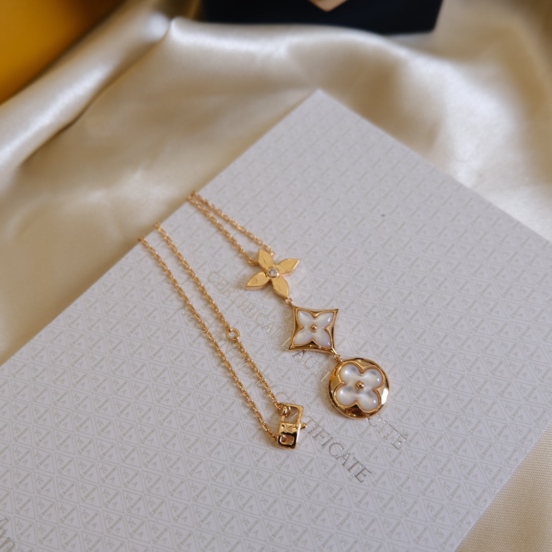 [Elara]COLOR BLOSSOM LARIAT NECKLACE ROSE GOLD WHITE MOTHER PEARL AND DIAMOND