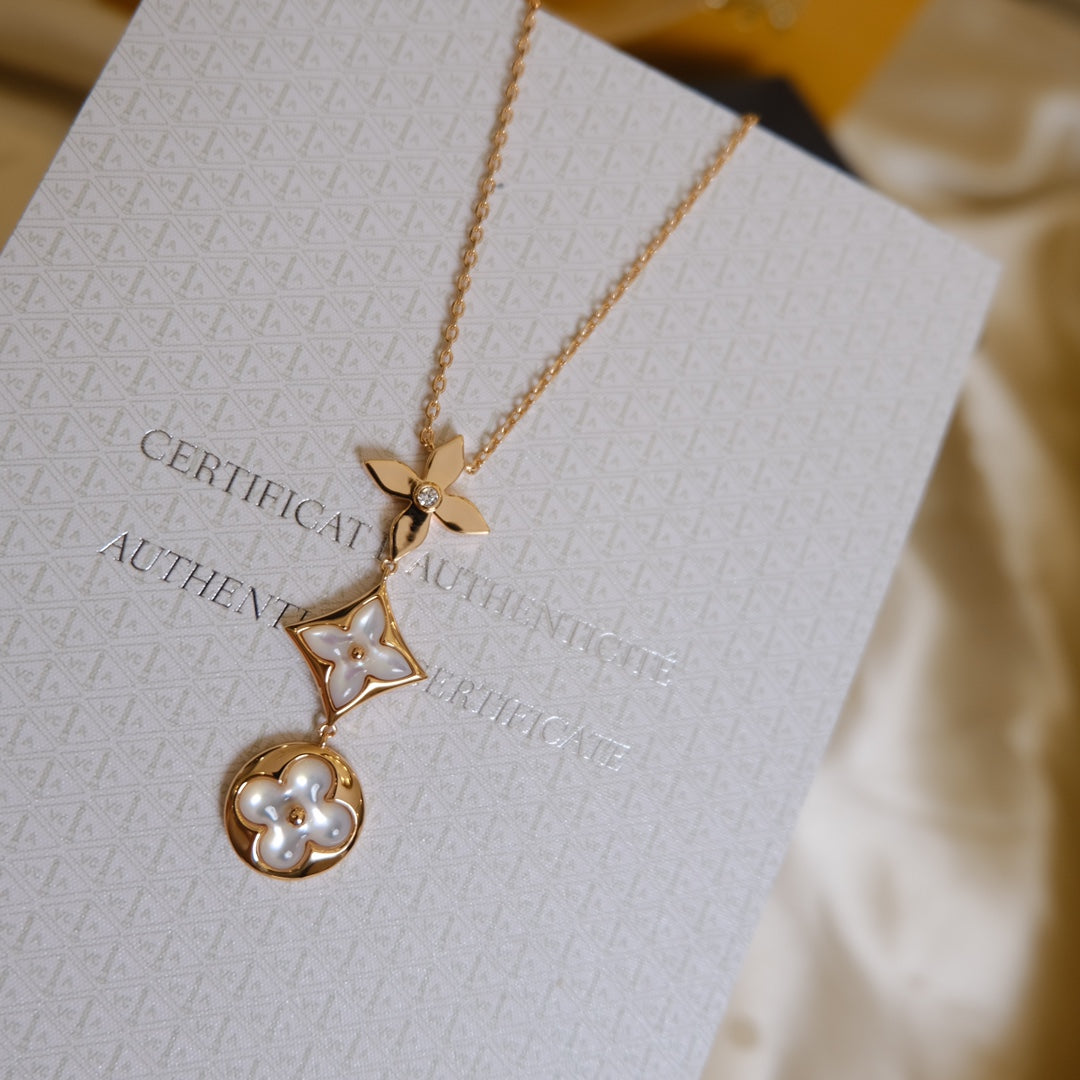 [Elara]COLOR BLOSSOM LARIAT NECKLACE ROSE GOLD WHITE MOTHER PEARL AND DIAMOND