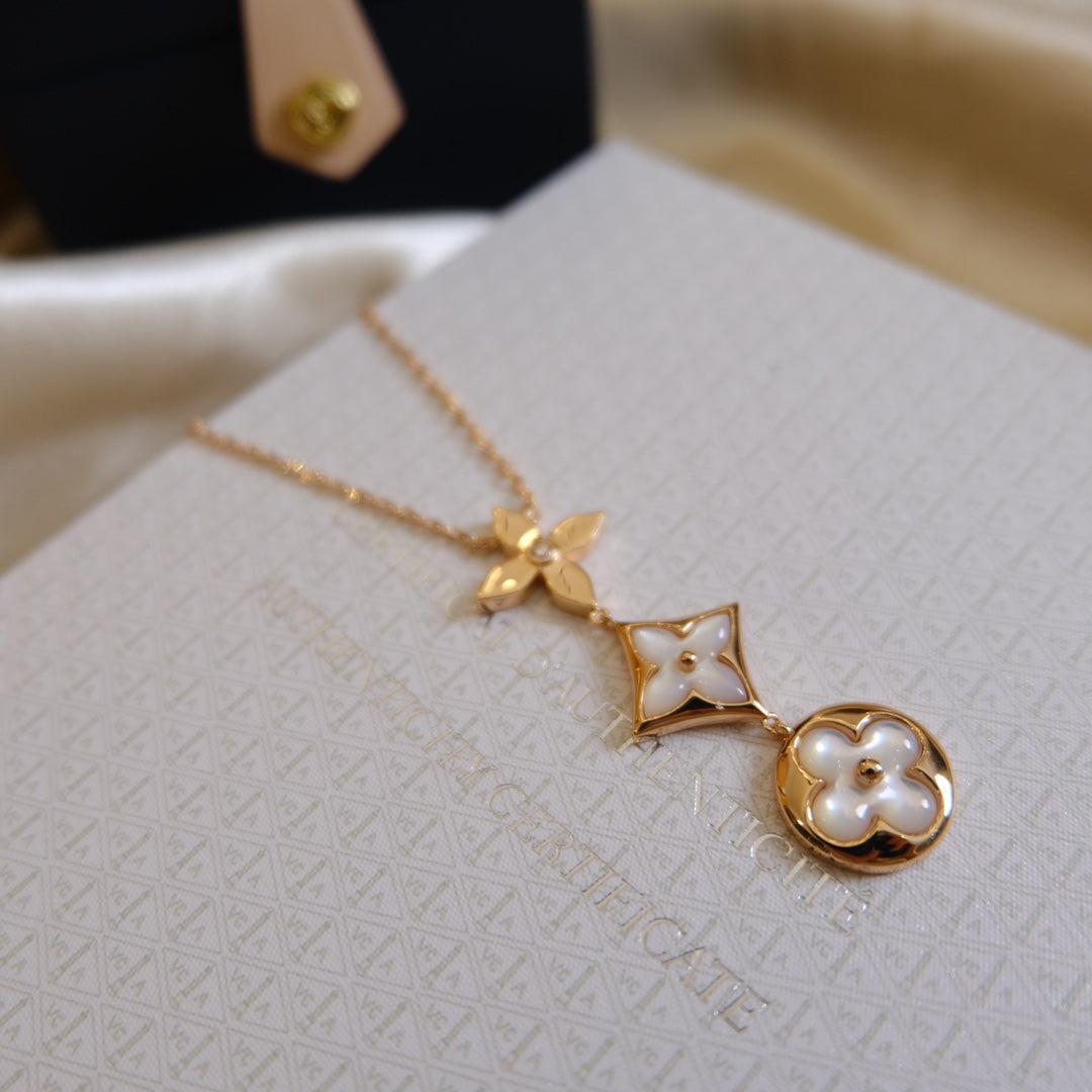 [Elara]COLOR BLOSSOM LARIAT NECKLACE ROSE GOLD WHITE MOTHER PEARL AND DIAMOND