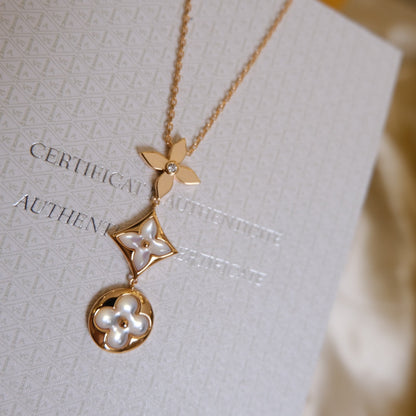 [Elara]COLOR BLOSSOM LARIAT NECKLACE ROSE GOLD WHITE MOTHER PEARL AND DIAMOND