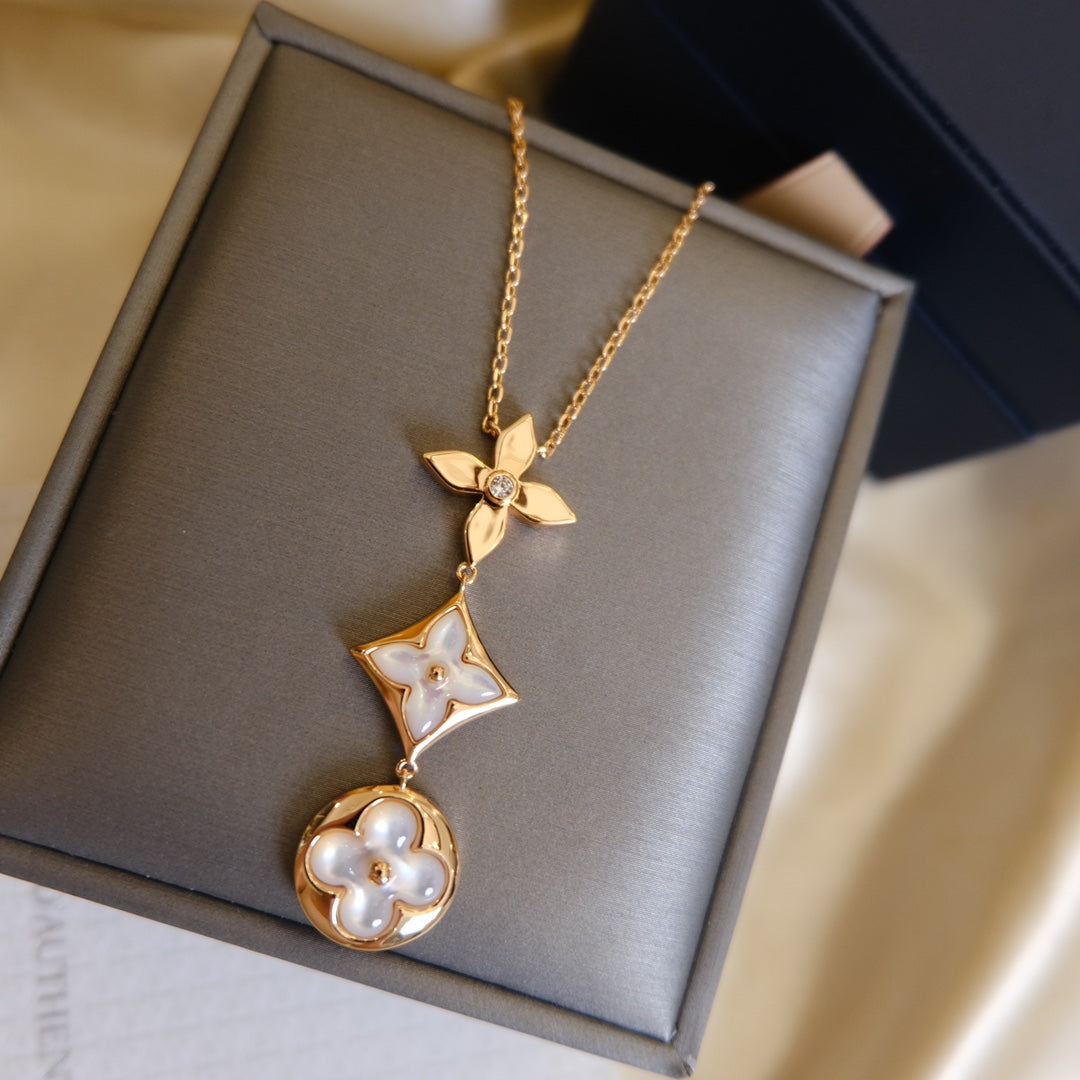 [Elara]COLOR BLOSSOM LARIAT NECKLACE ROSE GOLD WHITE MOTHER PEARL AND DIAMOND