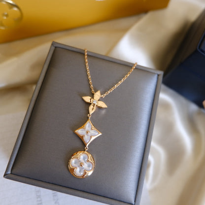 [Elara]COLOR BLOSSOM LARIAT NECKLACE ROSE GOLD WHITE MOTHER PEARL AND DIAMOND